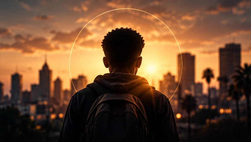 Young person carrying a backpack facing a sunset skyline